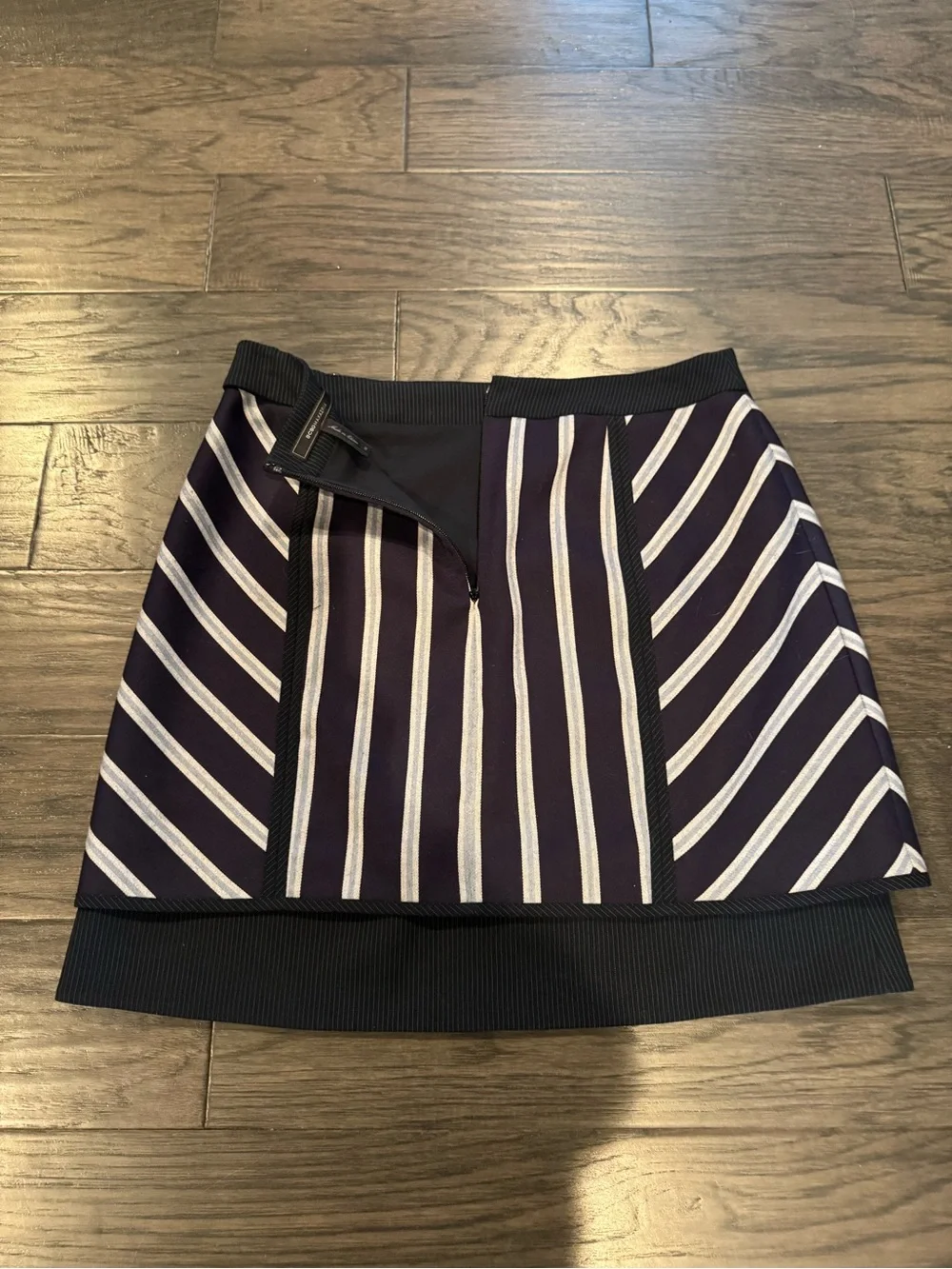 BCBGMaxAzria Navy and White Striped Mini Skirt with Belt Detail